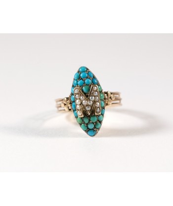 Bague navette pavage turquoises et perles 2023