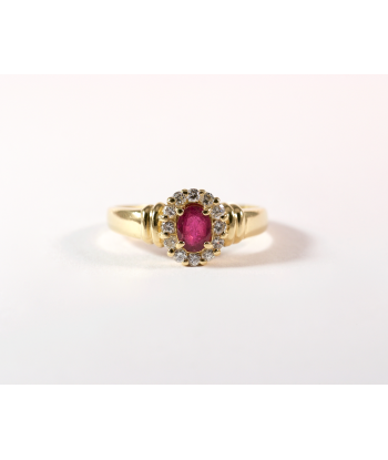 Bague marguerite or jaune, rubis et diamants en linge